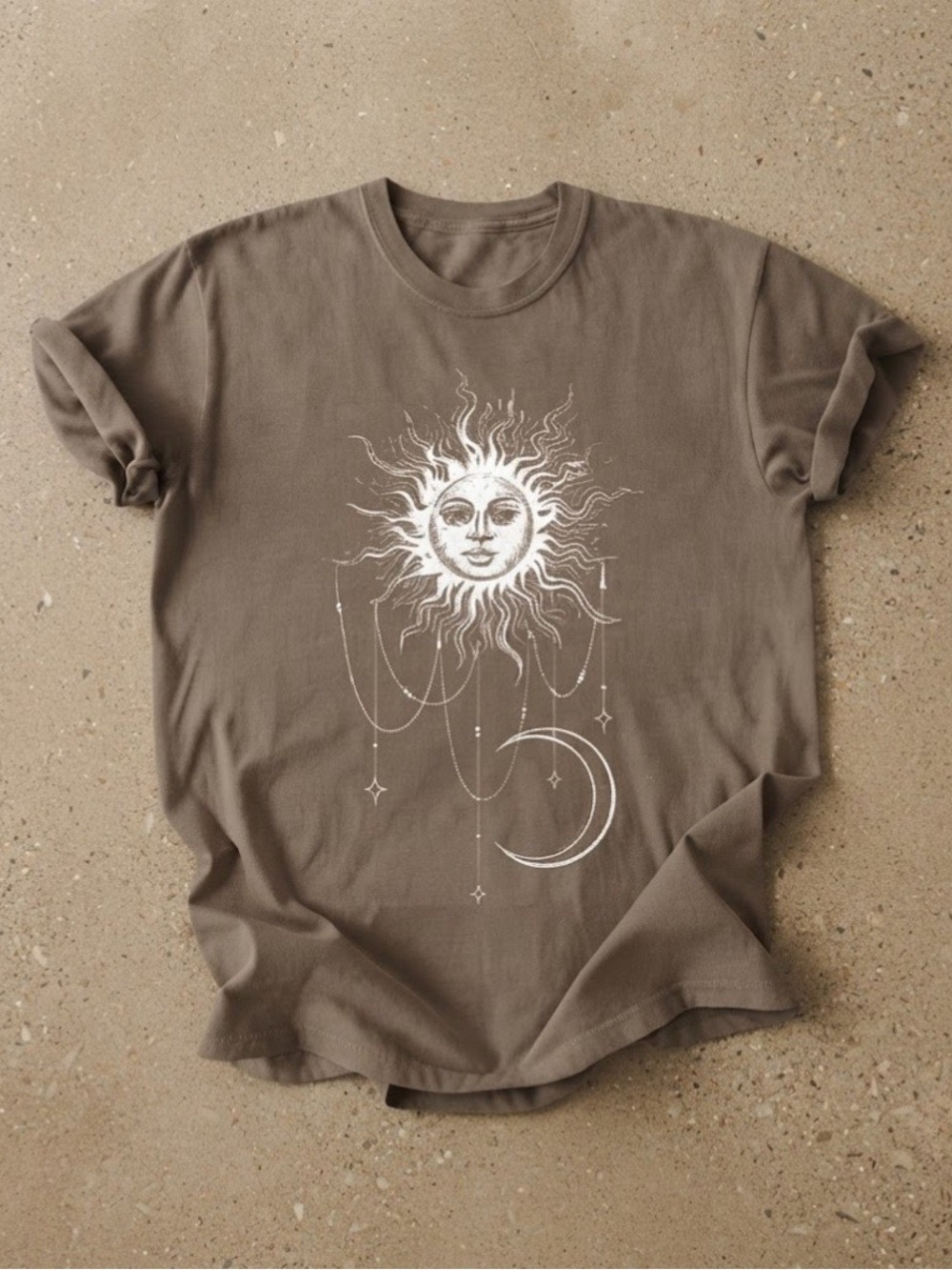 Patricia Boho Celestial Sun And Moon Graphic Cotton Gildan T-Shirt Brown Tee